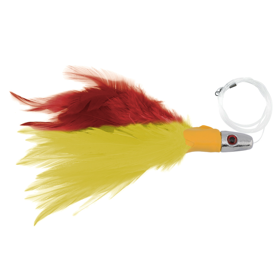 No Alibi Trolling Feather Lure Rigged on Mono Yellow/Red Skirt