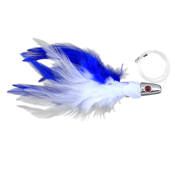No Alibi Trolling Feather Lure Rigged on Mono White/Blue Skirt