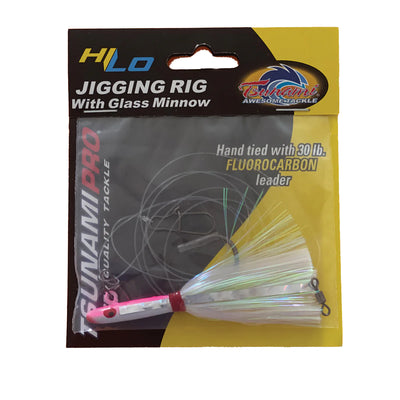 A Tsunami Glass Minnow HiLo Fishing Rig in Pink/White in packaging